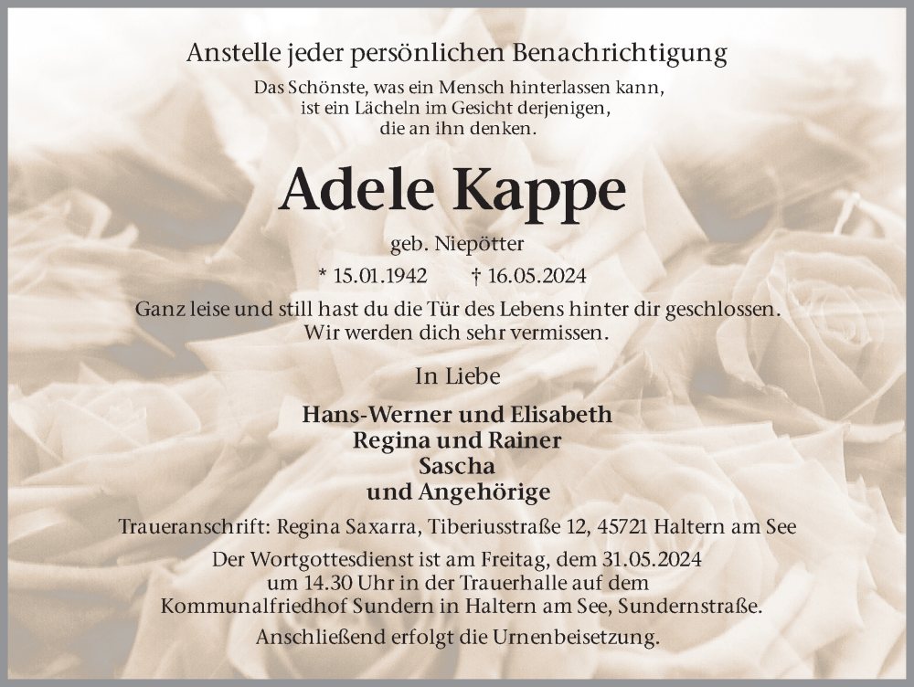  Traueranzeige für Adele Kappe vom 24.05.2024 aus Ruhr Nachrichten und Halterner Zeitung