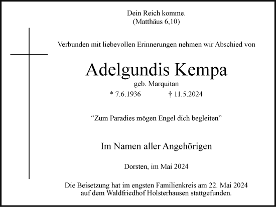 Traueranzeige von Adelgundis Kempa von Ruhr Nachrichten und Dorstener Zeitung