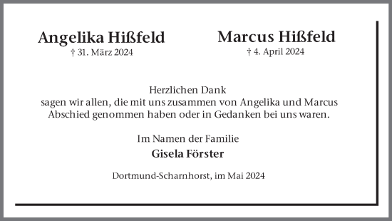 Traueranzeige von Angelika und Marcus Hißfeld 