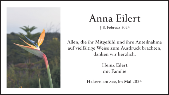 Traueranzeige von Anna Eilert von Ruhr Nachrichten und Halterner Zeitung