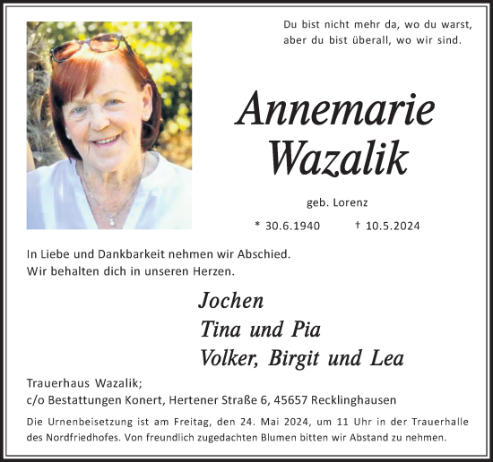 Traueranzeige von Annemarie Wazalik von Medienhaus Bauer