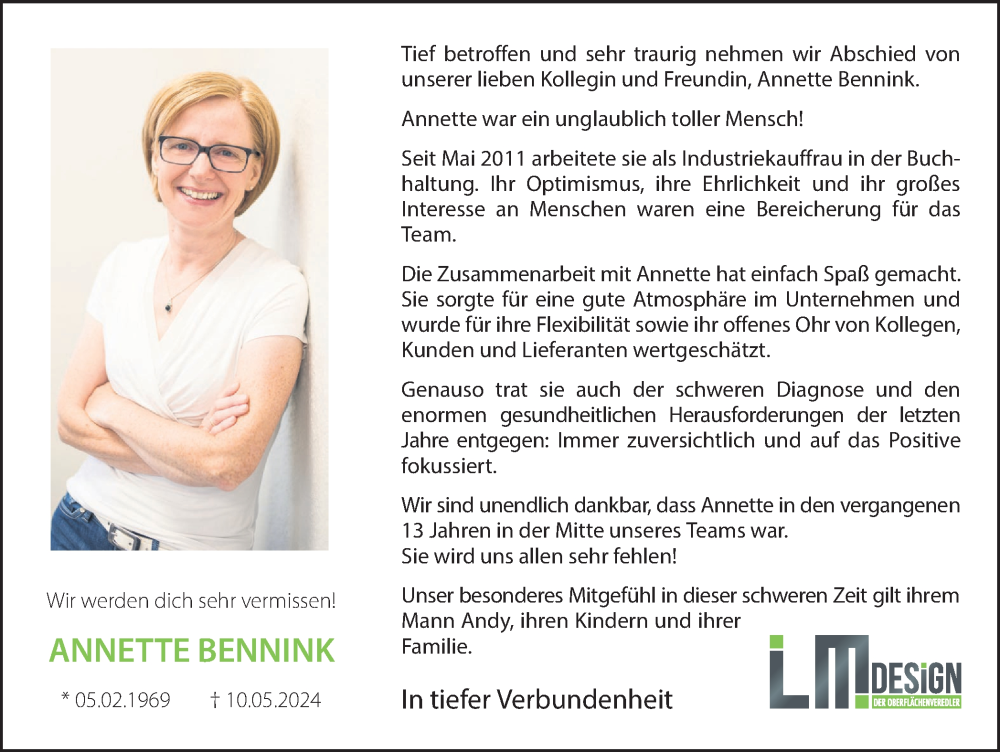 Traueranzeige für Annette Bennink vom 16.05.2024 aus Münsterland Zeitung