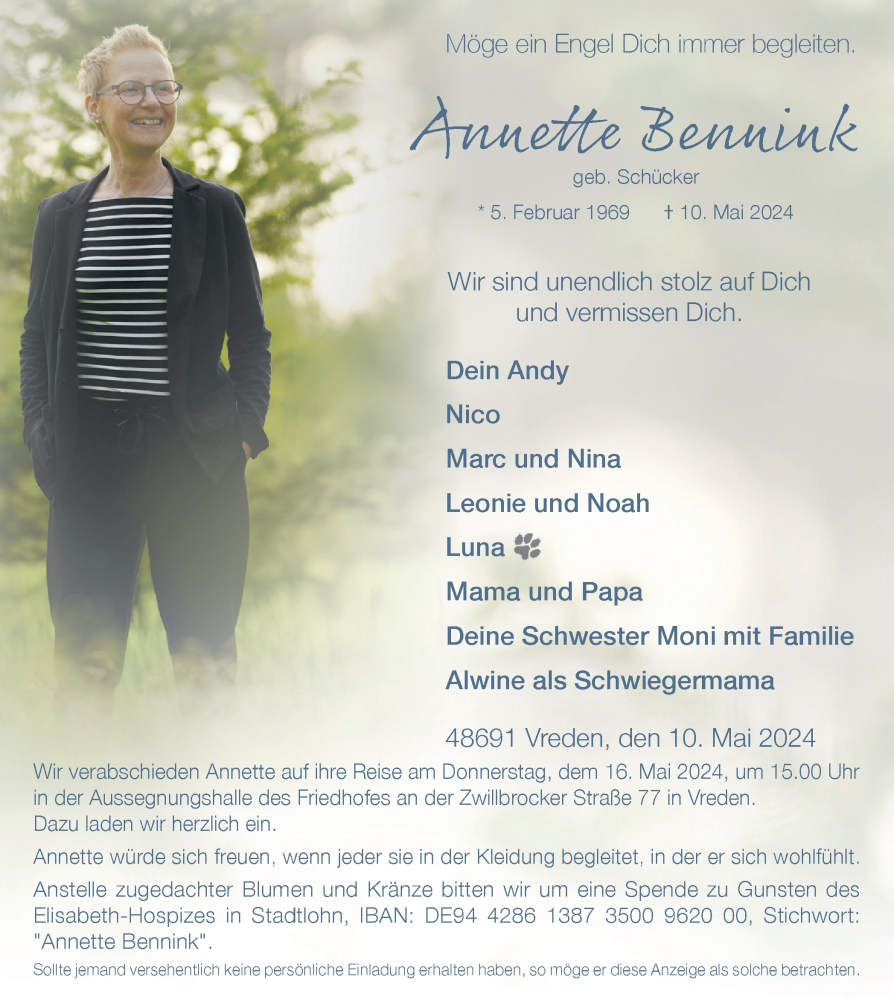  Traueranzeige für Annette Bennink vom 15.05.2024 aus Münsterland Zeitung