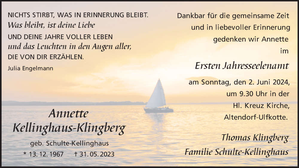  Traueranzeige für Annette Kellinghaus-Klingberg vom 29.05.2024 aus Ruhr Nachrichten und Dorstener Zeitung