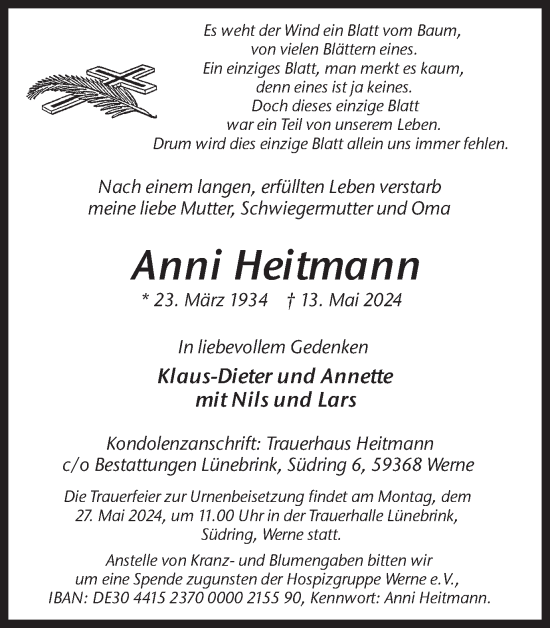 Traueranzeige von Anni Heitmann von Ruhr Nachrichten