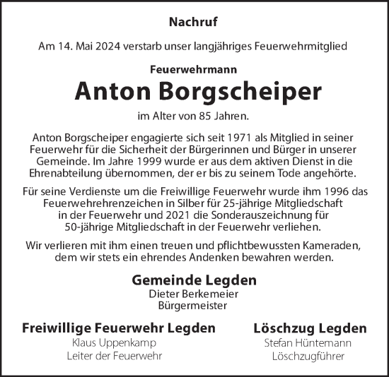 Traueranzeige von Anton Borgscheiper von Münsterland Zeitung