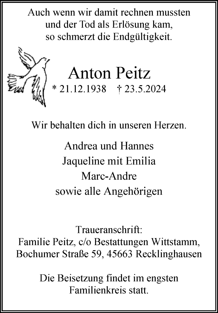  Traueranzeige für Anton Peitz vom 01.06.2024 aus Medienhaus Bauer