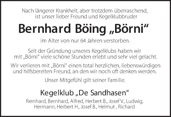 Traueranzeige von Bernhard Böing von Münsterland Zeitung