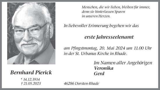 Traueranzeige von Bernhard Pierick von Ruhr Nachrichten und Dorstener Zeitung
