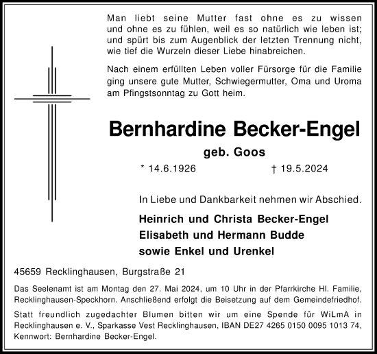 Traueranzeige von Bernhardine Becker-Engel
