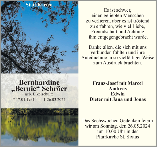 Traueranzeige von Bernhardine Schröer von Ruhr Nachrichten und Halterner Zeitung