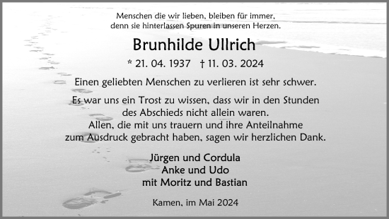 Traueranzeige von Brunhilde Ullrich von Hellweger Anzeiger