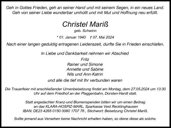 Traueranzeige von Christel Mariß von Ruhr Nachrichten und Dorstener Zeitung