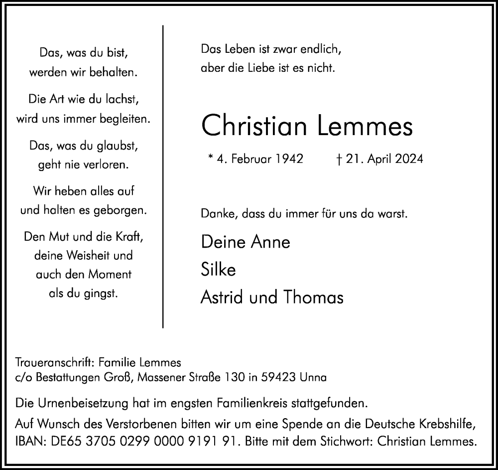 Traueranzeige für Christian Lemmes vom 18.05.2024 aus Hellweger Anzeiger