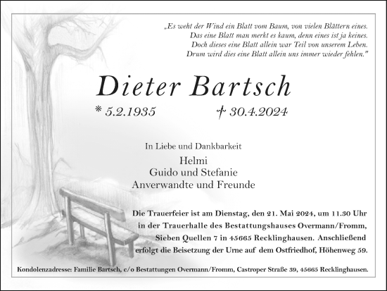 Traueranzeige von Dieter Bartsch von Medienhaus Bauer