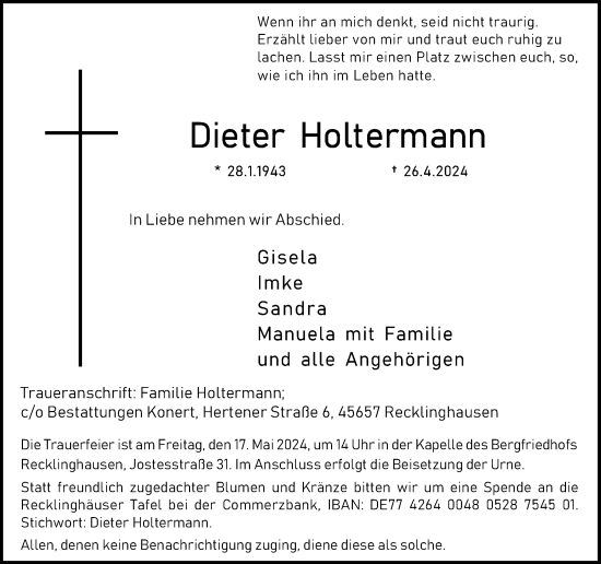 Traueranzeige von Dieter Holtermann von Medienhaus Bauer