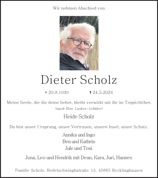 Traueranzeige von Dieter Scholz von Medienhaus Bauer
