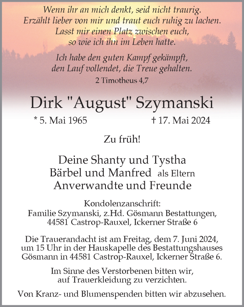  Traueranzeige für Dirk  Szymanski vom 01.06.2024 aus 