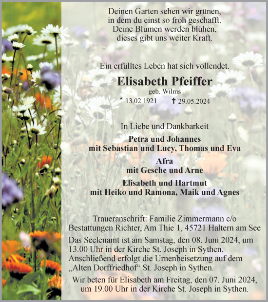 Traueranzeige von Elisabeth Pfeiffer