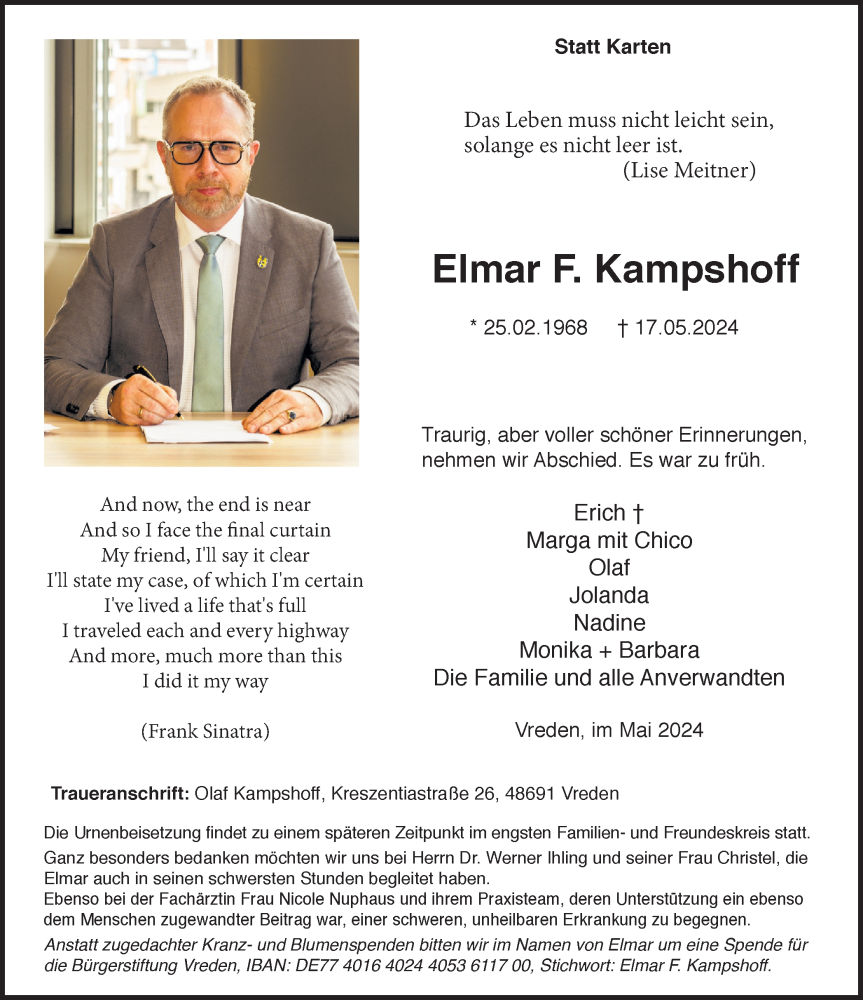  Traueranzeige für Elmar F. Kampshoff vom 22.05.2024 aus Münsterland Zeitung