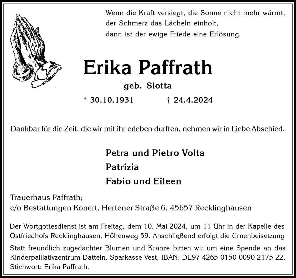  Traueranzeige für Erika Paffrath vom 08.05.2024 aus Medienhaus Bauer