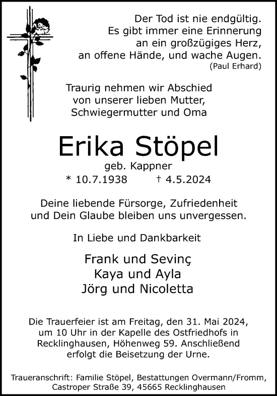 Traueranzeige von Erika Stöpel von Medienhaus Bauer