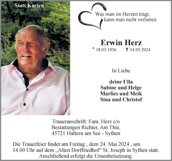 Traueranzeige von Erwin Herz von Ruhr Nachrichten und Halterner Zeitung