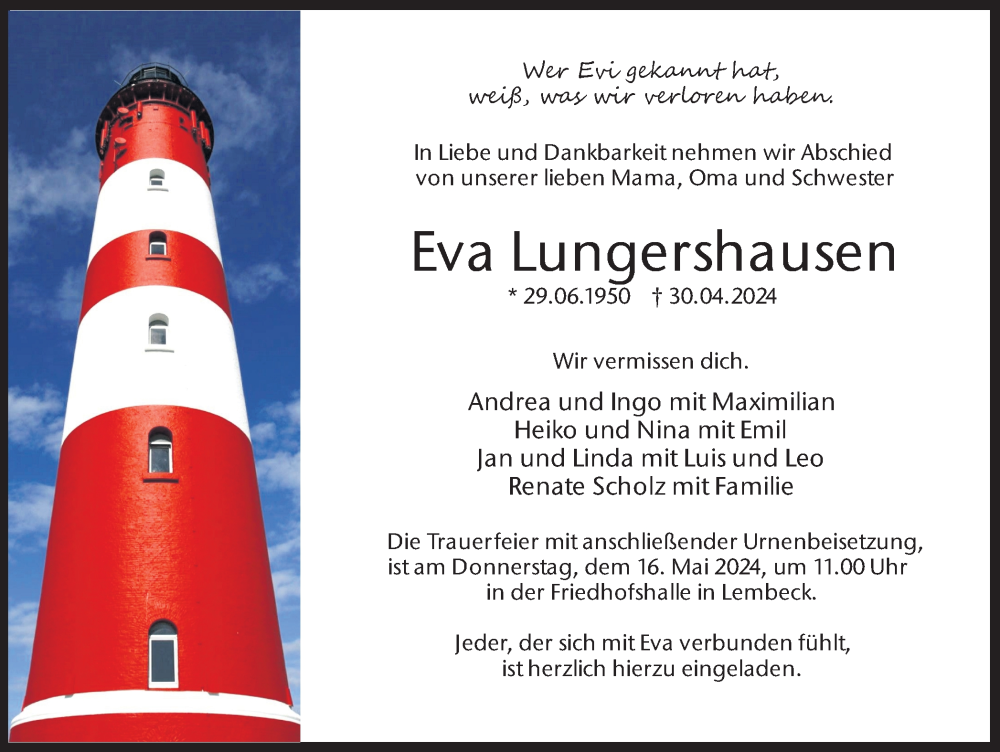  Traueranzeige für Eva Lungershausen vom 11.05.2024 aus Ruhr Nachrichten und Dorstener Zeitung