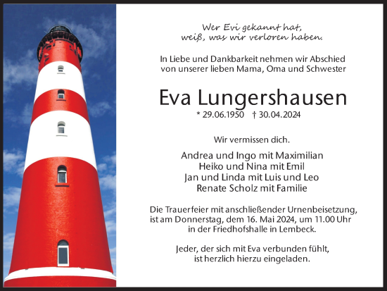 Traueranzeige von Eva Lungershausen