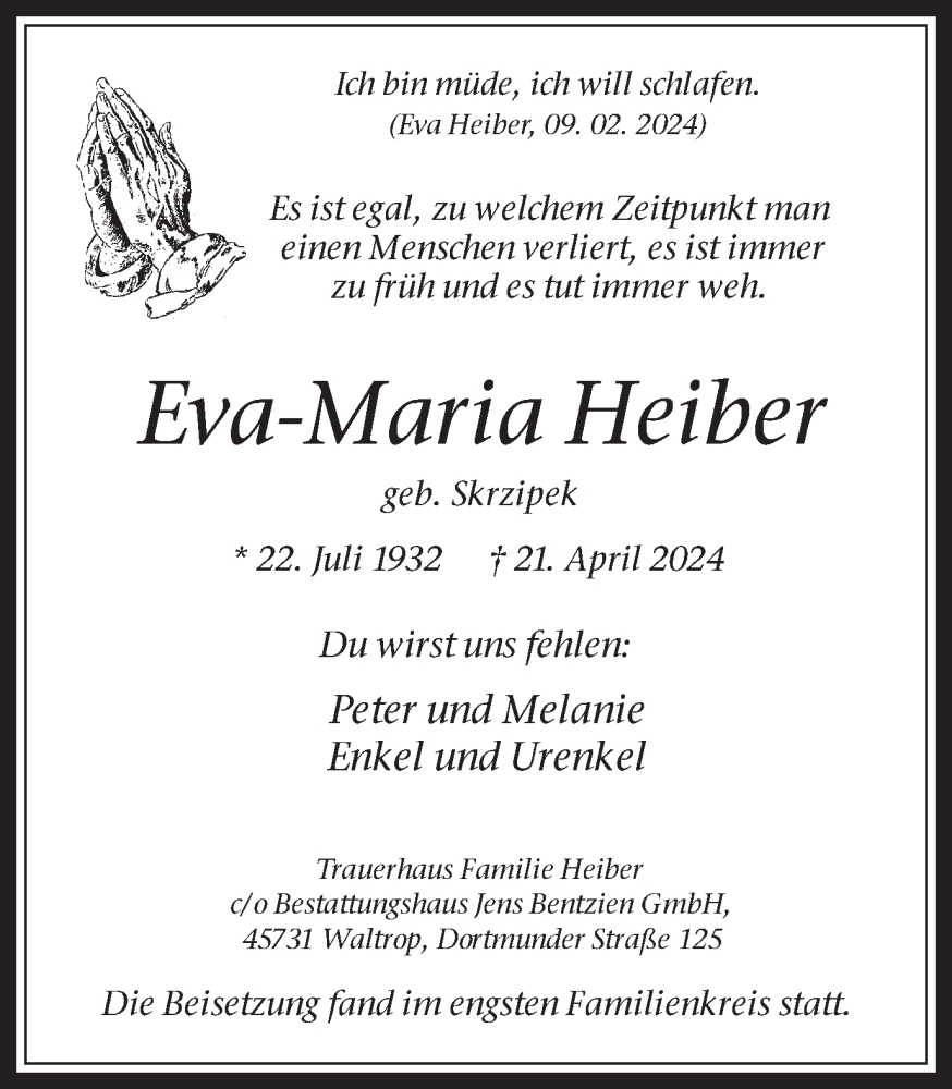  Traueranzeige für Eva-Maria Heiber vom 04.05.2024 aus Ruhr Nachrichten und Halterner Zeitung