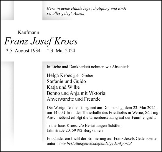Traueranzeige von Franz Josef Kroes