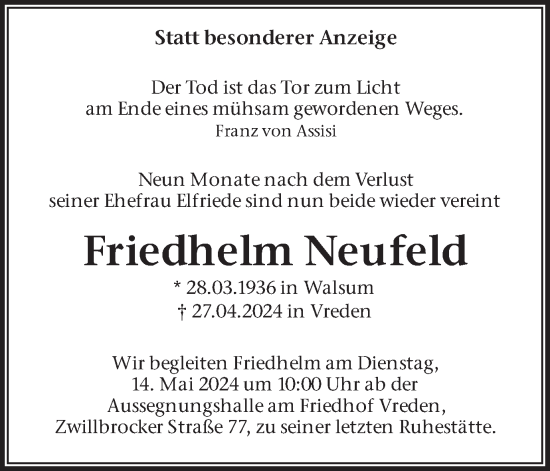Traueranzeige von Friedhelm Neufeld von Münsterland Zeitung