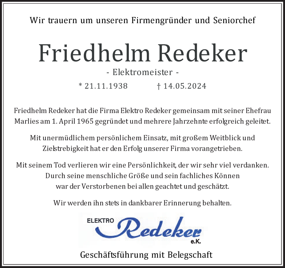  Traueranzeige für Friedhelm Redeker vom 18.05.2024 aus Medienhaus Bauer