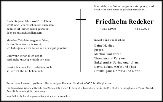 Traueranzeige von Friedhelm Redeker von Medienhaus Bauer