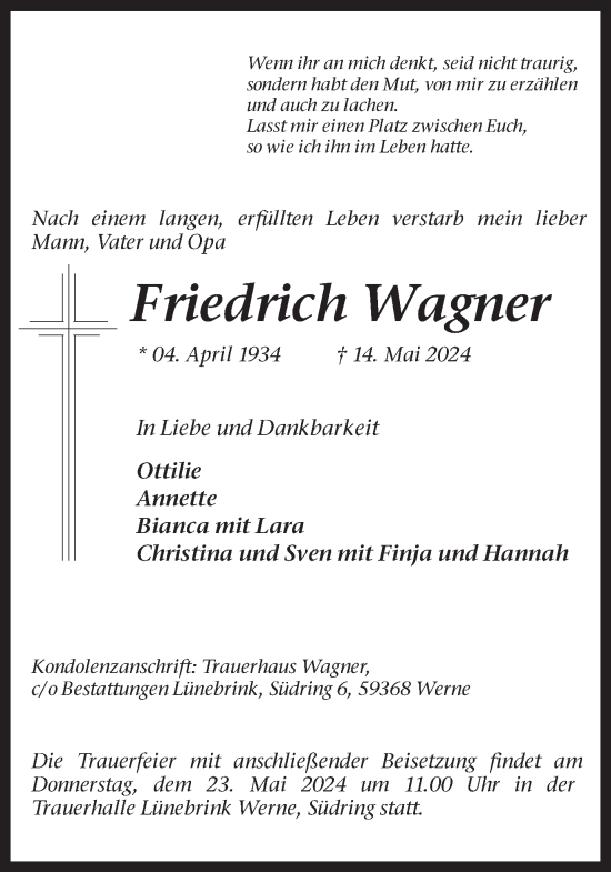 Traueranzeige von Friedrich Wagner