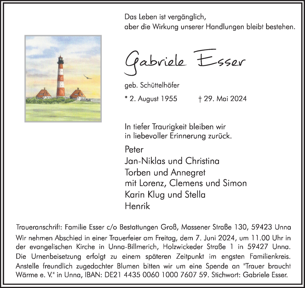  Traueranzeige für Gabriele Esser vom 01.06.2024 aus Hellweger Anzeiger