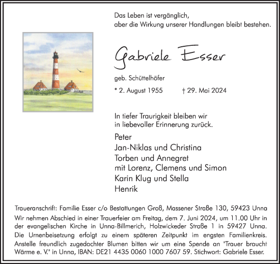 Traueranzeige von Gabriele Esser von Hellweger Anzeiger