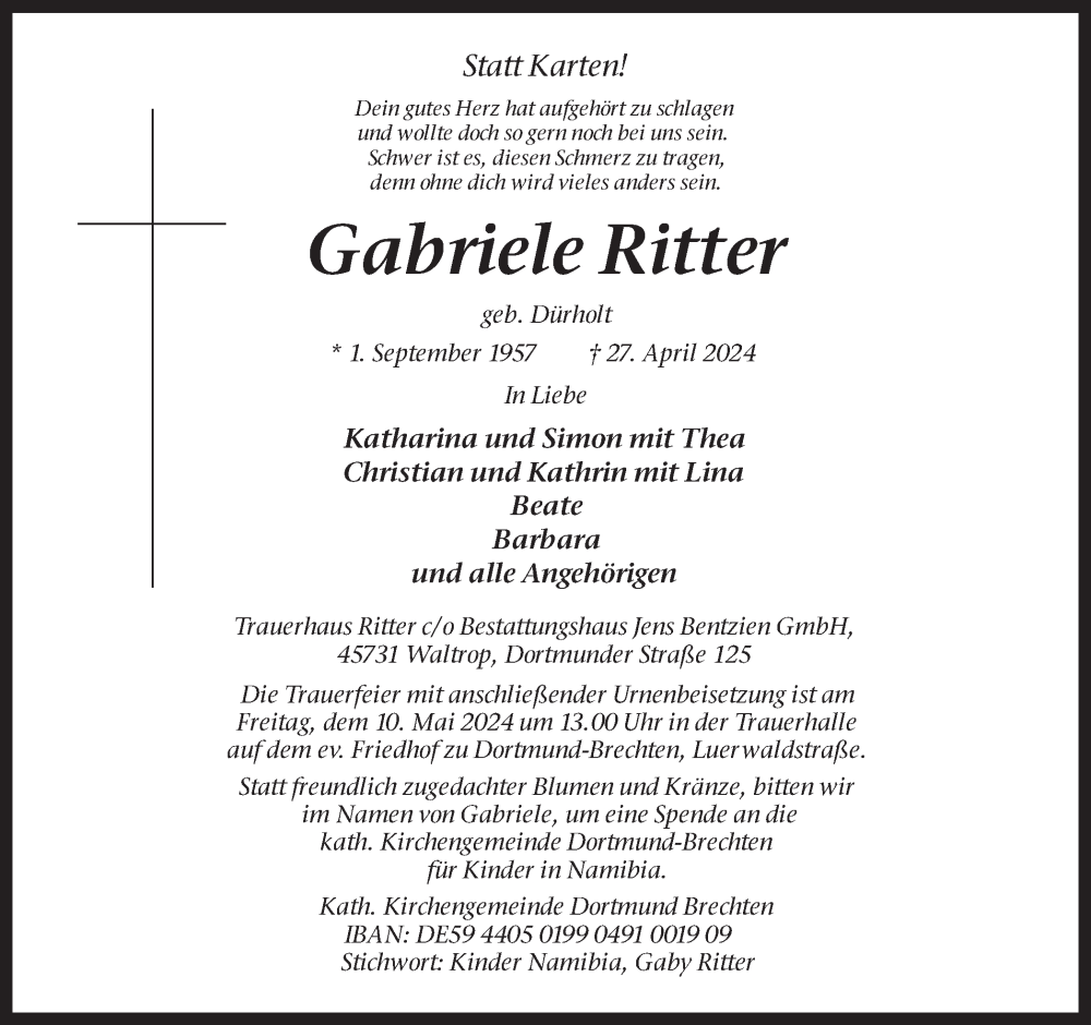  Traueranzeige für Gabriele Ritter vom 04.05.2024 aus 