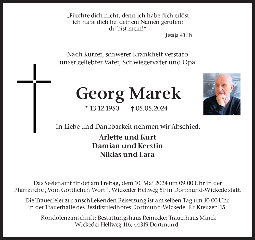  Traueranzeige für Georg Marek vom 08.05.2024 aus 