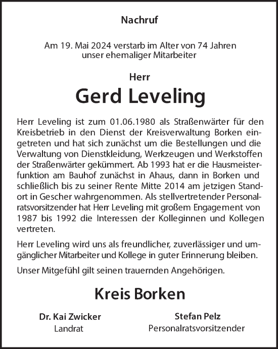 Traueranzeige von Gerd Leveling