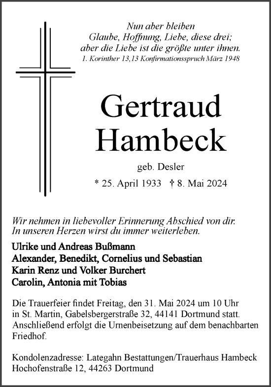 Traueranzeige von Gertraud Hambeck 