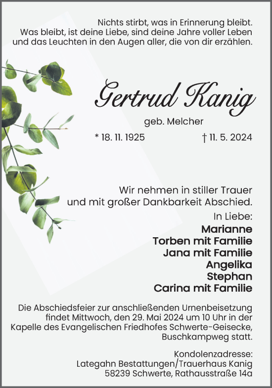 Traueranzeige von Gertrud Kanig von Ruhr Nachrichten