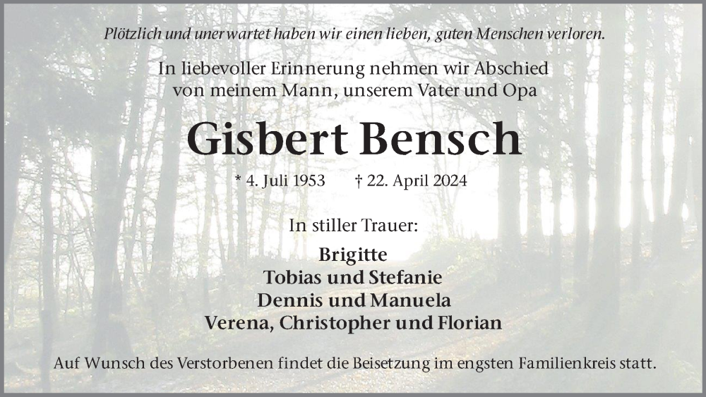  Traueranzeige für Gisbert Bensch vom 04.05.2024 aus Ruhr Nachrichten