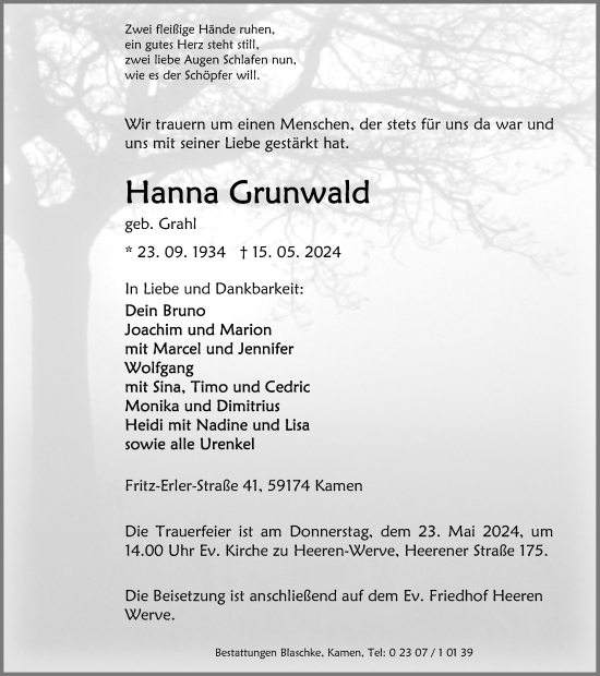 Traueranzeige von Hanna Grunwald