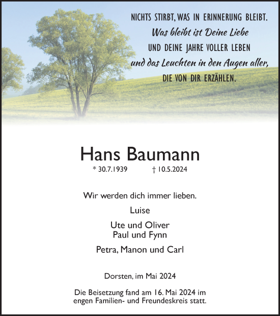 Traueranzeige von Hans Baumann von Ruhr Nachrichten und Dorstener Zeitung
