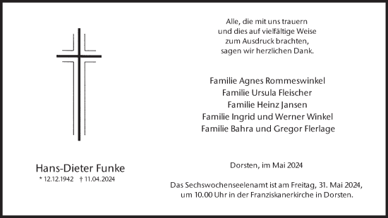 Traueranzeige von Hans-Dieter Funke von Ruhr Nachrichten und Dorstener Zeitung