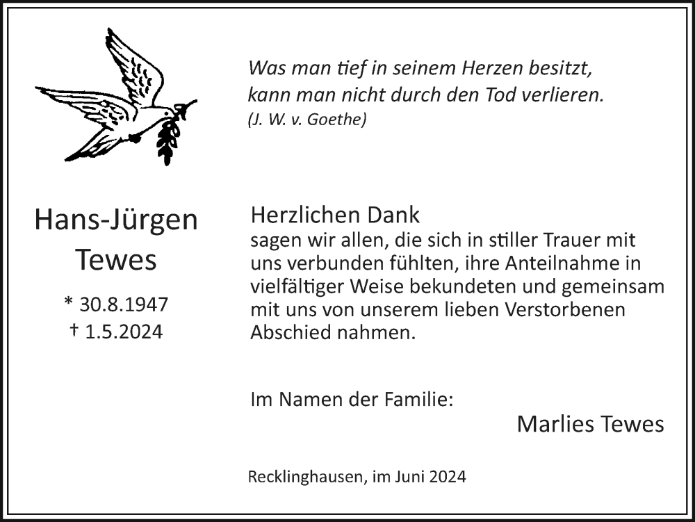  Traueranzeige für Hans-Jürgen Tewes vom 01.06.2024 aus Medienhaus Bauer