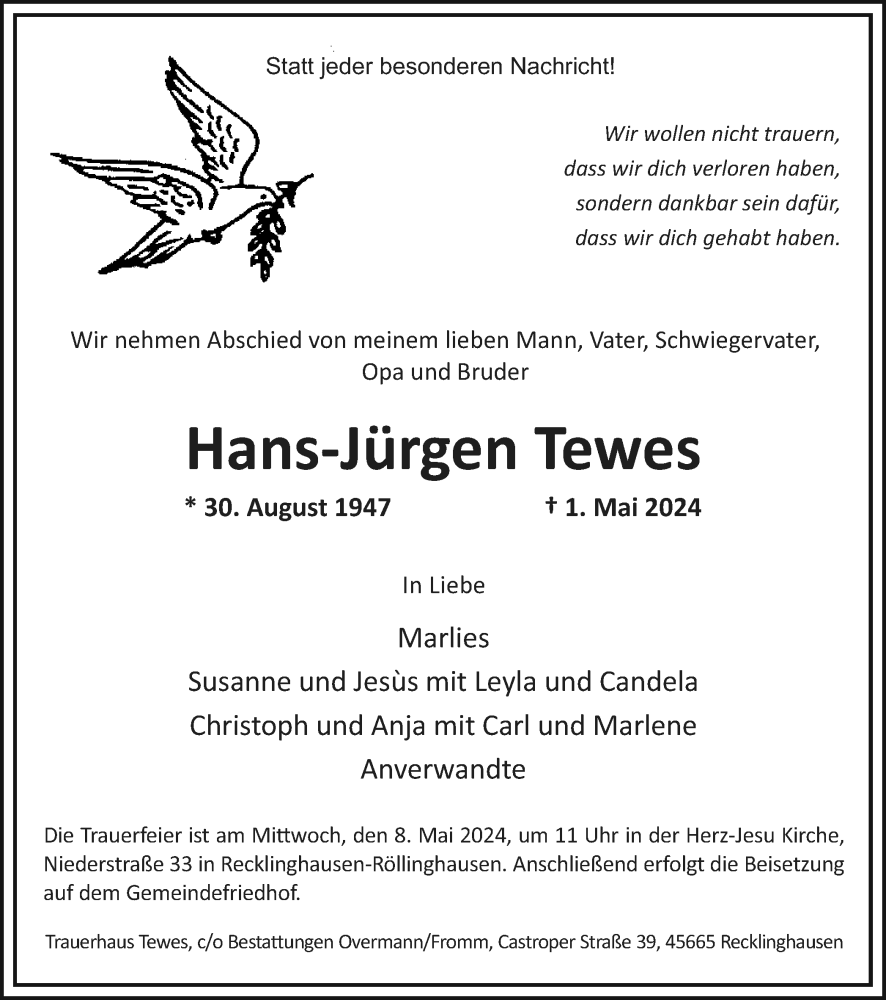  Traueranzeige für Hans-Jürgen Tewes vom 04.05.2024 aus Medienhaus Bauer