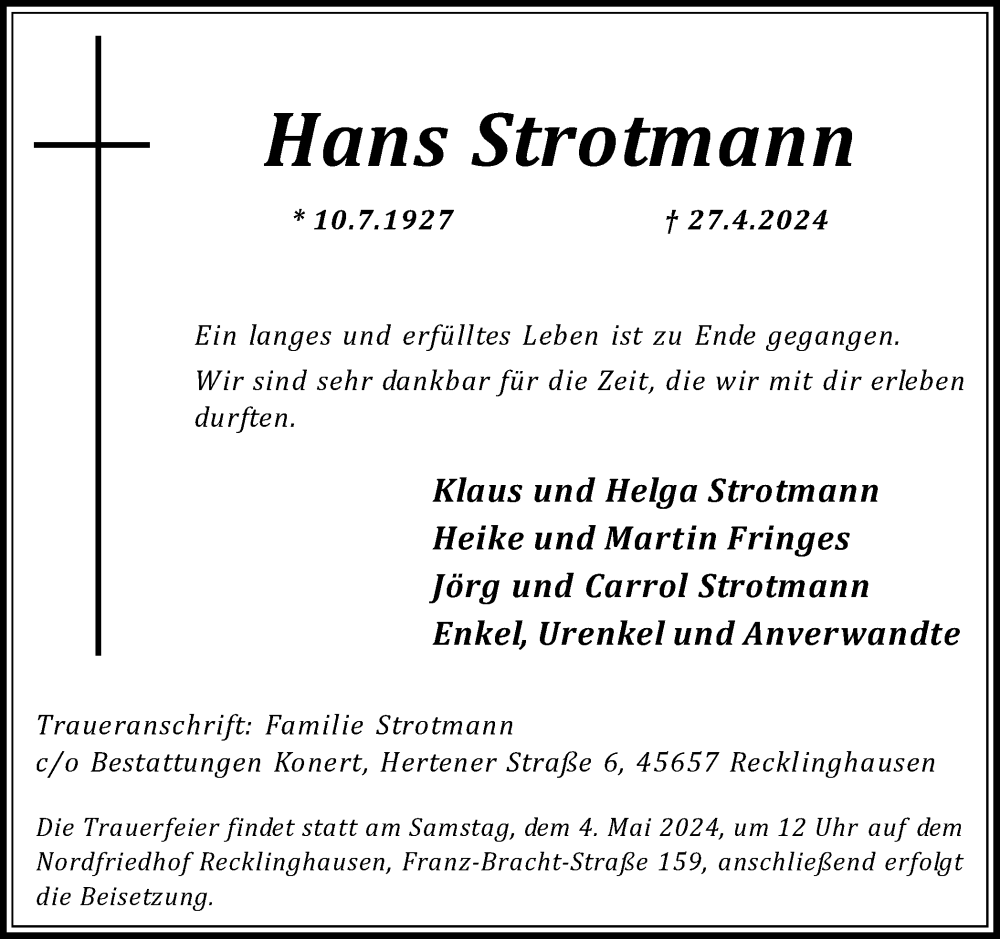  Traueranzeige für Hans Strotmann vom 02.05.2024 aus Medienhaus Bauer