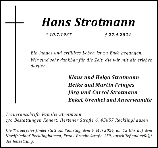 Traueranzeige von Hans Strotmann